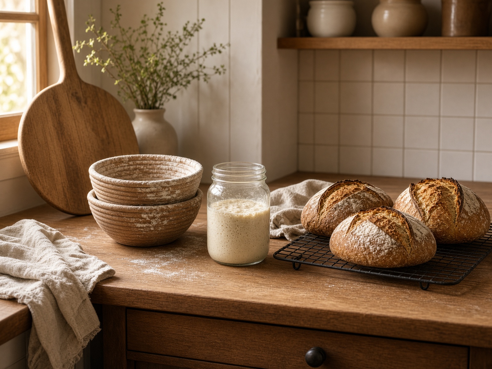 Bannetons and a working bakery counter